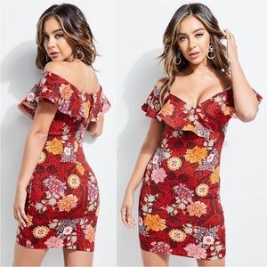 GUESS Red Elysian Floral Shaye OFF THE SHOULDER ruffle fitted SCUBA mini dress L